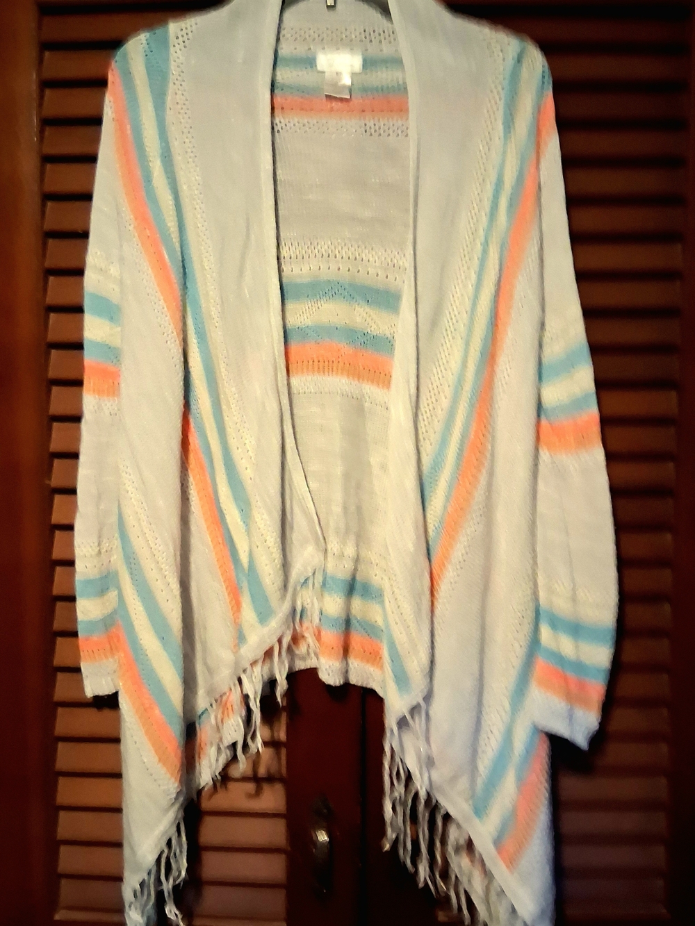 Trillium Pastel Striped Fringe Open-Front Cardigan